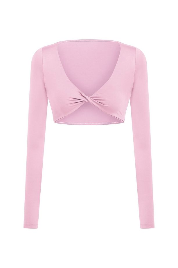 Ava Dönmeli Uzun Kol Pembe Crop-Top - 1