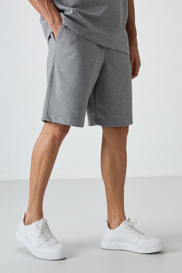 Gri Melanj Pamuklu Kalın Yumuşak Dokulu Oversize Fit Basic Erkek Şort Takım - 85249 - 5