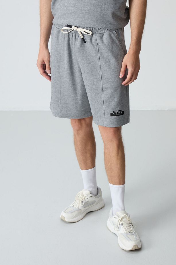 Gri Melanj Pamuklu Kalın Yumuşak Dokulu Oversize Fit Basic Erkek Şort Takım - 85259 - 3