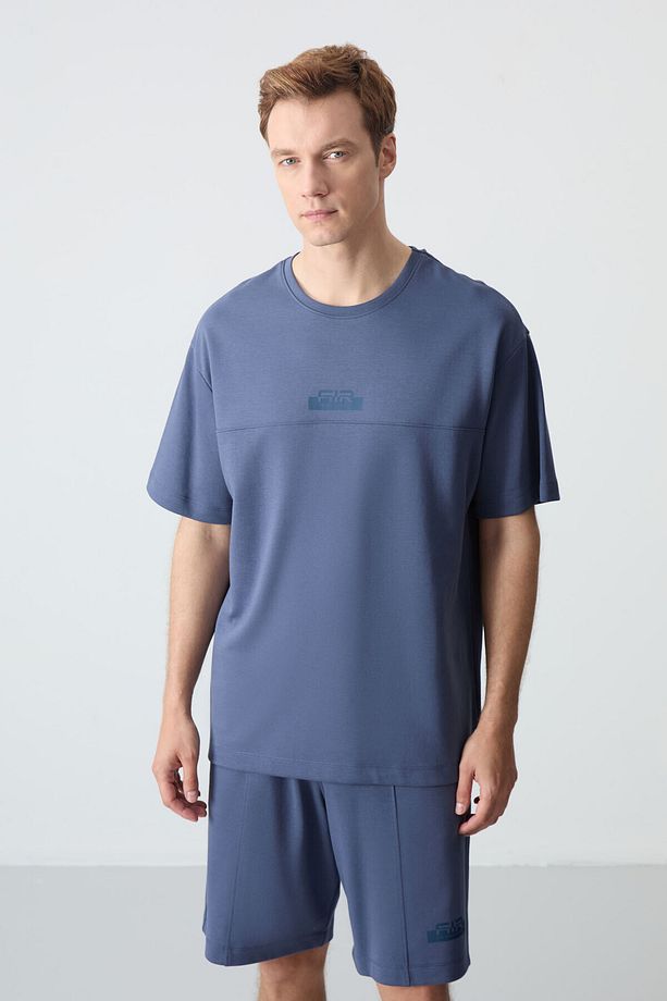Petrol Pamuklu Kalın Yumuşak Dokulu Oversize Fit Basic Erkek Şort Takım - 85259 - 9