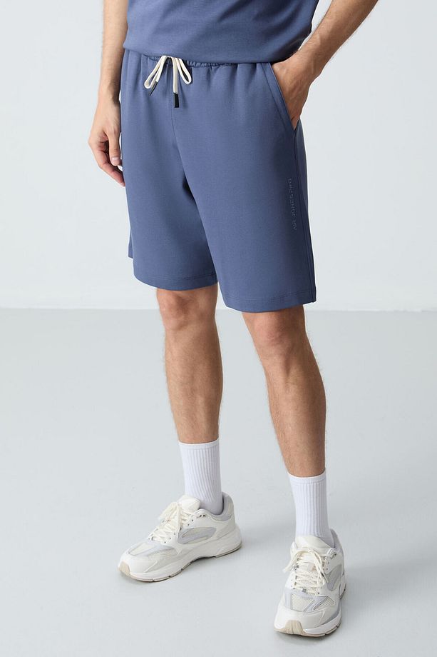 Petrol Pamuklu Kalın Yumuşak Dokulu Oversize Fit Basic Erkek Şort Takım - 85257 - 5