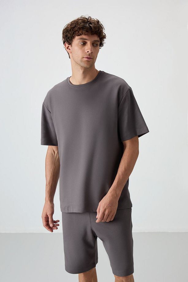 Koyu Gri Pamuklu Kalın Yumuşak Dokulu Oversize Fit Basic Erkek Şort Takım - 85249 - 3