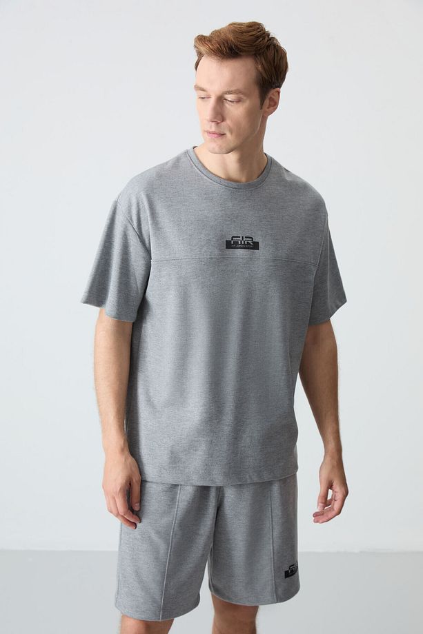 Gri Melanj Pamuklu Kalın Yumuşak Dokulu Oversize Fit Basic Erkek Şort Takım - 85259 - 7