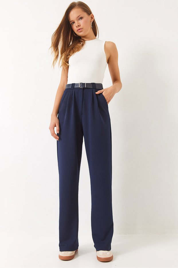 Women's Navy Blue Double Pleated Detailed Belted Knitted Trousers 3851 60261449