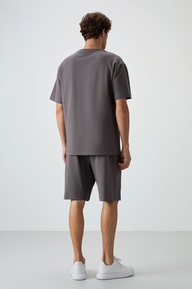 Koyu Gri Pamuklu Kalın Yumuşak Dokulu Oversize Fit Basic Erkek Şort Takım - 85249 - 9