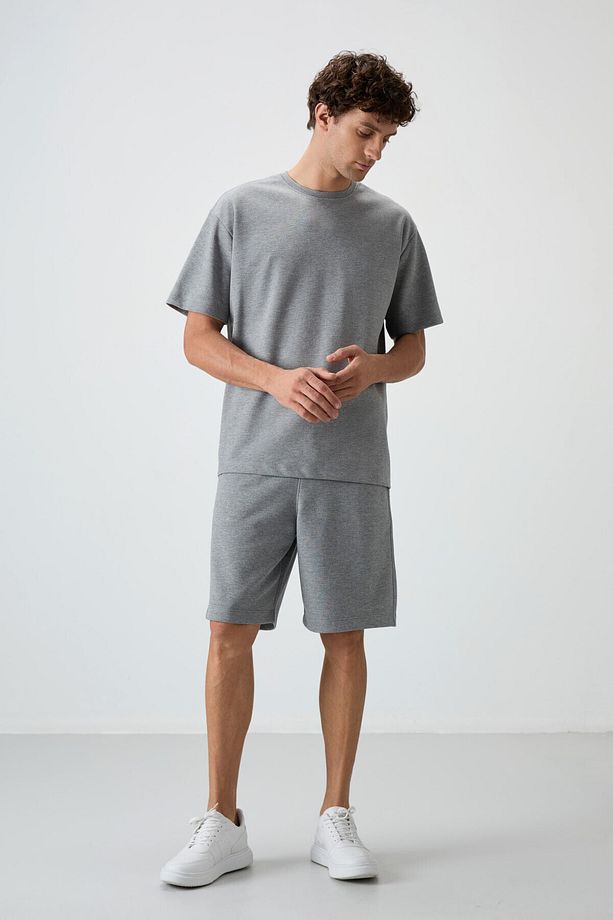 Gri Melanj Pamuklu Kalın Yumuşak Dokulu Oversize Fit Basic Erkek Şort Takım - 85249 - 1
