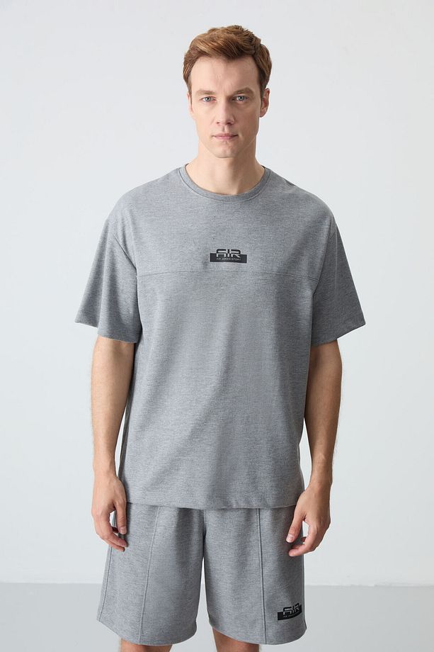 Gri Melanj Pamuklu Kalın Yumuşak Dokulu Oversize Fit Basic Erkek Şort Takım - 85259 - 4