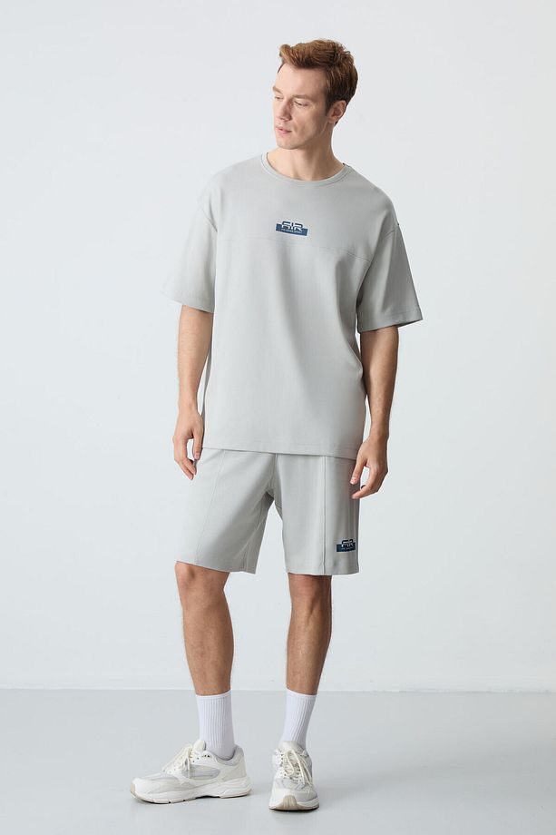 Taş Pamuklu Kalın Yumuşak Dokulu Oversize Fit Basic Erkek Şort Takım - 85259 - 1