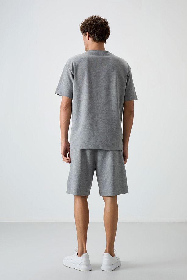 Gri Melanj Pamuklu Kalın Yumuşak Dokulu Oversize Fit Basic Erkek Şort Takım - 85249 - 8