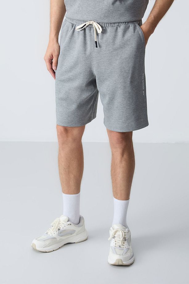 Gri Melanj Pamuklu Kalın Yumuşak Dokulu Oversize Fit Basic Erkek Şort Takım - 85257 - 7