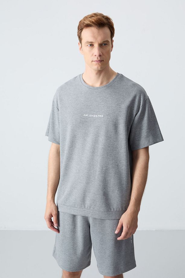 Gri Melanj Pamuklu Kalın Yumuşak Dokulu Oversize Fit Basic Erkek Şort Takım - 85257 - 8