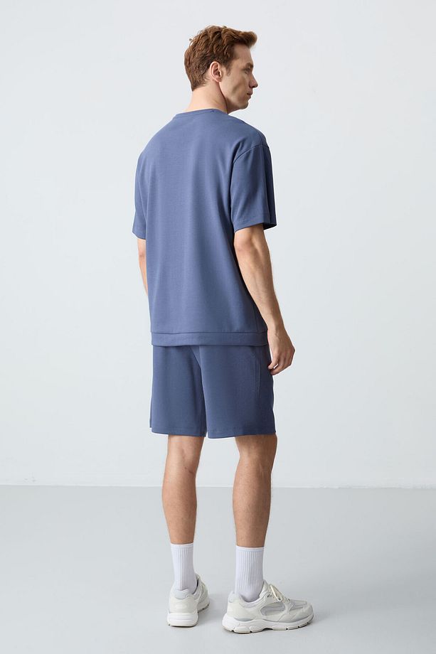 Petrol Pamuklu Kalın Yumuşak Dokulu Oversize Fit Basic Erkek Şort Takım - 85257 - 9