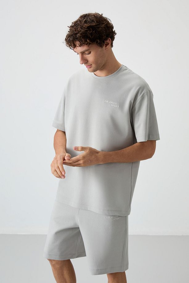 Taş Pamuklu Kalın Yumuşak Dokulu Oversize Fit Nakışlı Erkek Şort Takım - 85250 - 4