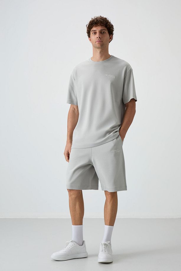 Taş Pamuklu Kalın Yumuşak Dokulu Oversize Fit Nakışlı Erkek Şort Takım - 85250 - 6