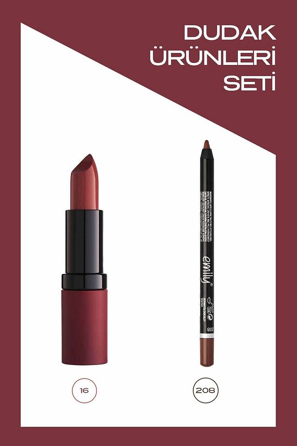 Velvet Matte Lipstick No: 16 ve Emily No: 208 Ruj ve Dudak Kalemi Seti - 1