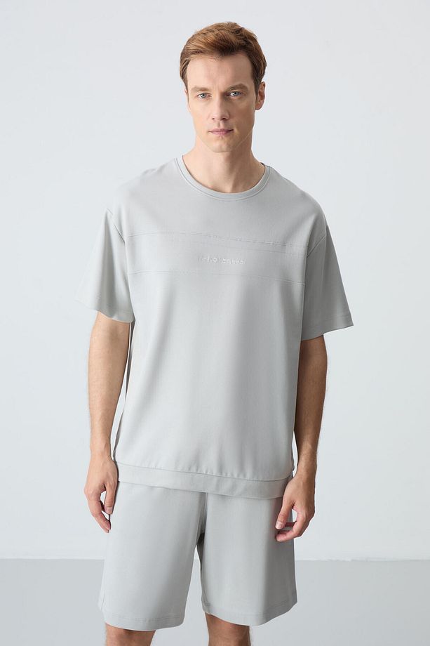 Taş Pamuklu Kalın Yumuşak Dokulu Oversize Fit Basic Erkek Şort Takım - 85257 - 8