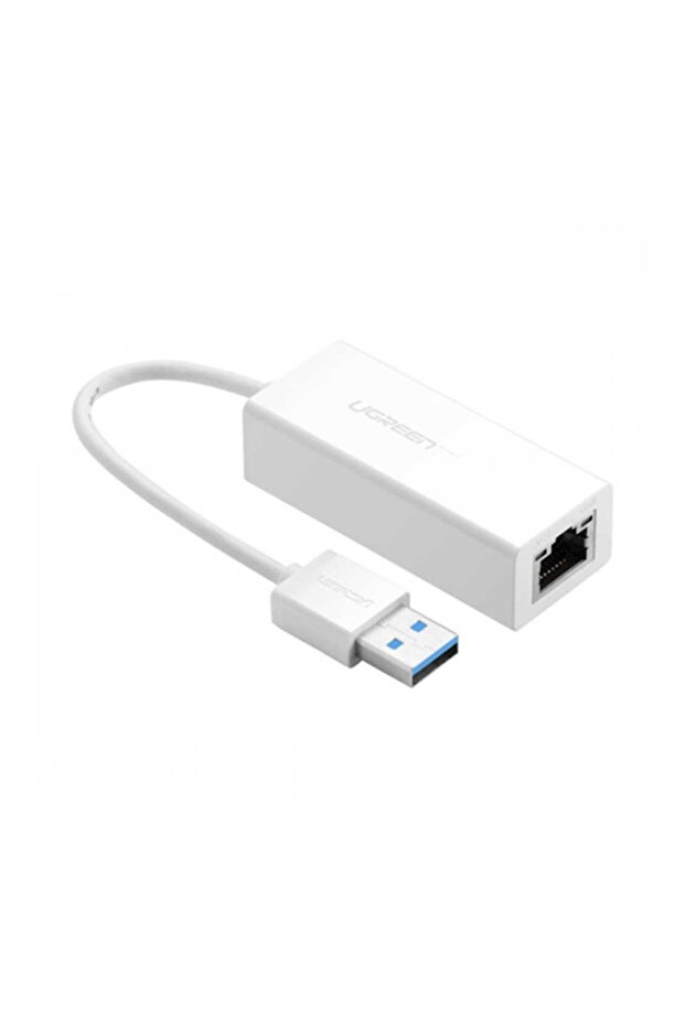 محول USB 3.0 من النوع A إلى جيجابت إيثرنت، مصنوع من مادة ABS، طوله 10 سم، لونه أبيض