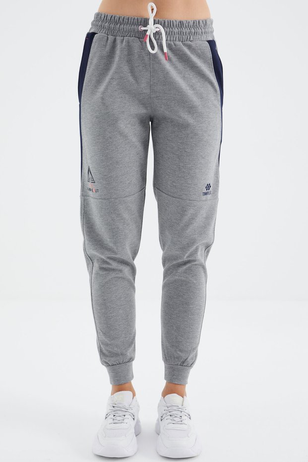 Gray Melange Lace Up Stripe Detailed Comfortable Fit Women's Tracksuit Bottom - 94645