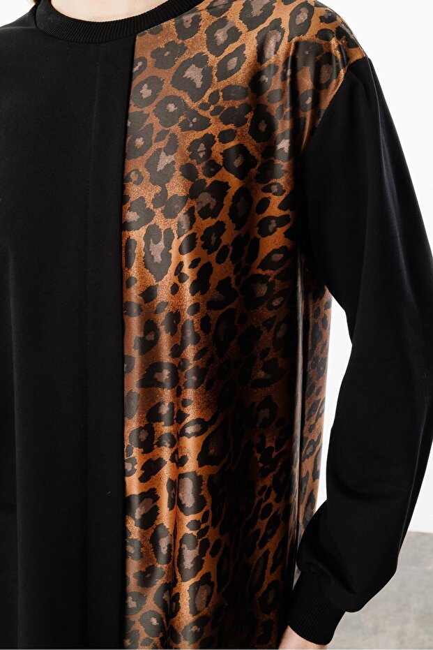 Leopar İnce Örme Basen Örten Kap Tunik-Siyah - 8