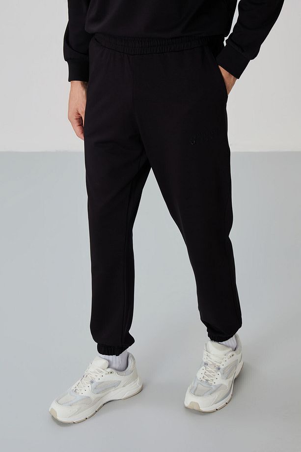 Siyah Casual O Yaka Lastik Paça Pamuklu Erkek Oversize Eşofman Takımı - 85120 - 4