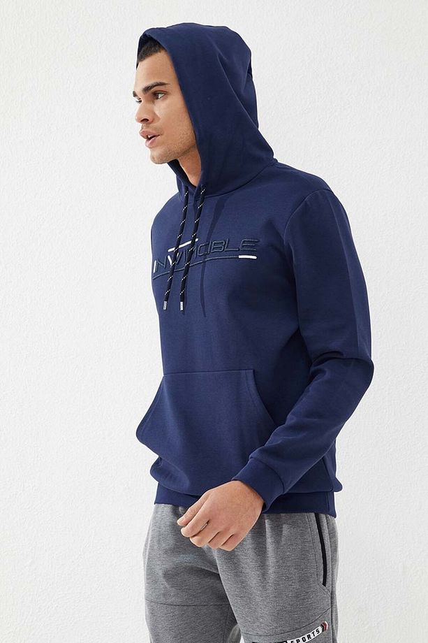İndigo Kanguru Cep Standart Kalıp Kapüşonlu Erkek Sweatshirt - 87883 - 6