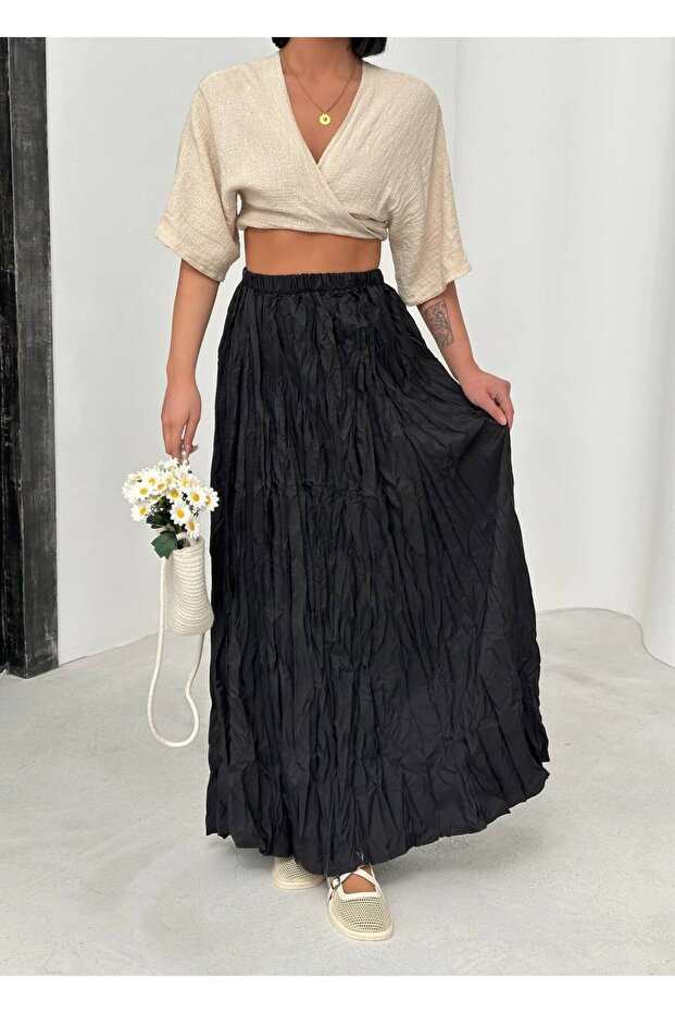 Black Crinkle Voile Crush Skirt 5007