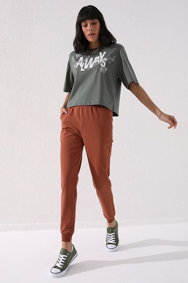 Tarçın Yüksek Bel Jogger Rahat Form Manşetli Kadın Eşofman Alt - 94561 - 3