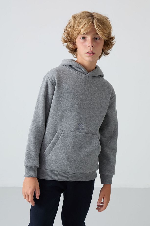 Gri Melanj Pamuklu Kalın Içi Tüylü Yumuşak Dokulu Standart Fit Baskılı Erkek Çocuk Sweatshirt - 112 - 1