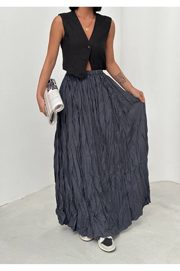 Anthracite Crinkle Voile Crush Skirt 3990