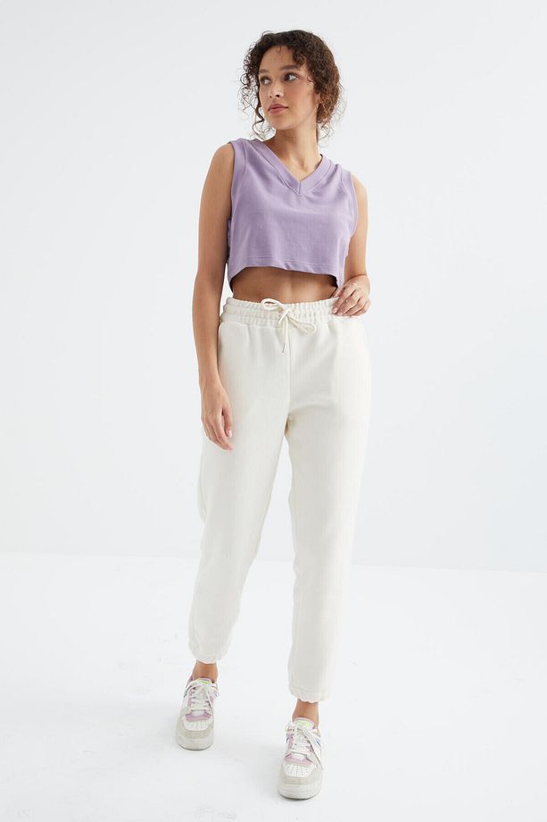 Ekru Yüksek Bel Basic Bağcıklı Jogger Polar Kadın Eşofman Alt - 94622 - 4