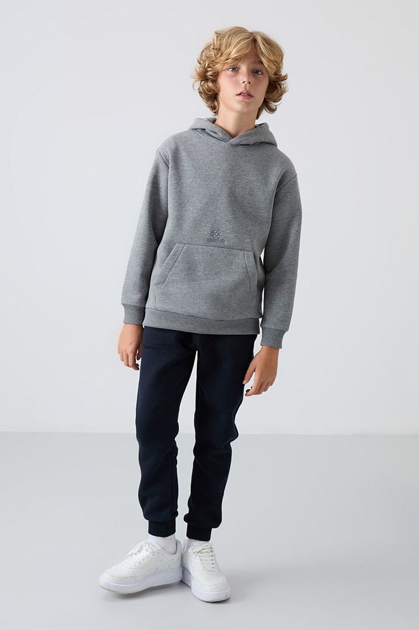 Gri Melanj Pamuklu Kalın Içi Tüylü Yumuşak Dokulu Standart Fit Baskılı Erkek Çocuk Sweatshirt - 112 - 3