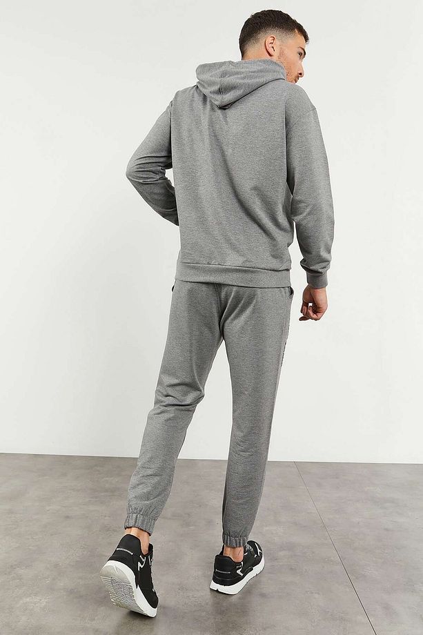 Gri Melanj Kapüşonlu Kanguru Cep Lastik Paça Erkek Oversize Eşofman Takımı - 85117 - 7