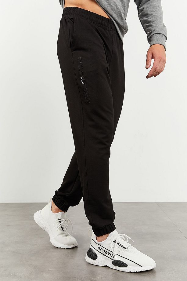Gri Melanj - Siyah Kapüşonlu Kanguru Cep Lastik Paça Erkek Oversize Eşofman Takımı - 85117 - 6