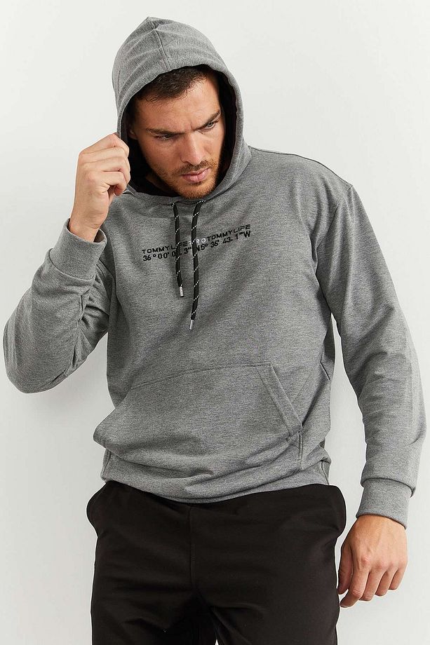 Gri Melanj - Siyah Kapüşonlu Kanguru Cep Lastik Paça Erkek Oversize Eşofman Takımı - 85117 - 5