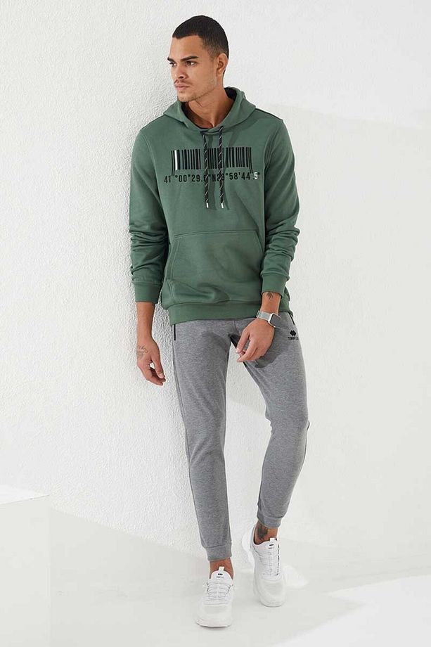 Yeşil Nakışlı Kanguru Cep Standart Kalıp Kapüşonlu Erkek Sweatshirt - 87839 - 2