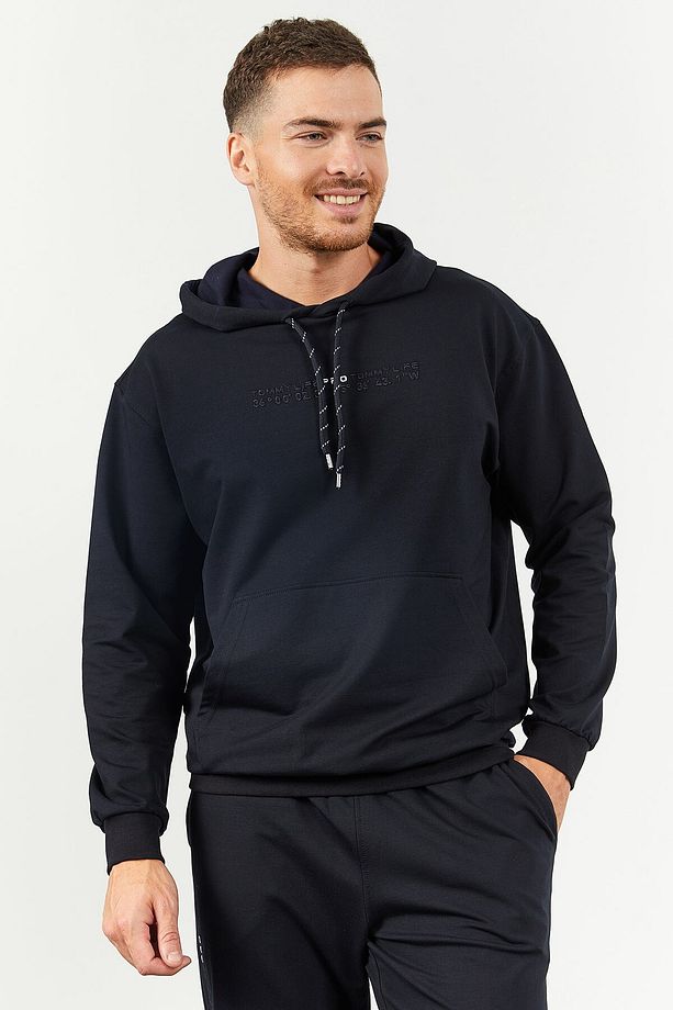 Lacivert Kapüşonlu Kanguru Cep Lastik Paça Erkek Oversize Eşofman Takımı - 85117 - 3