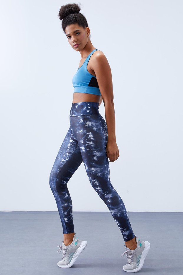 Indigo High Waist Tie-Dye Patterned Slim Fit Narrow Leg Women's Leggings - 94551