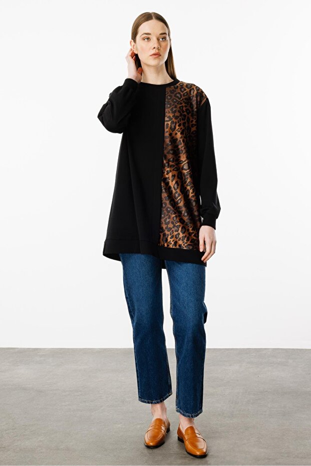 Leopar İnce Örme Basen Örten Kap Tunik-Siyah - 2