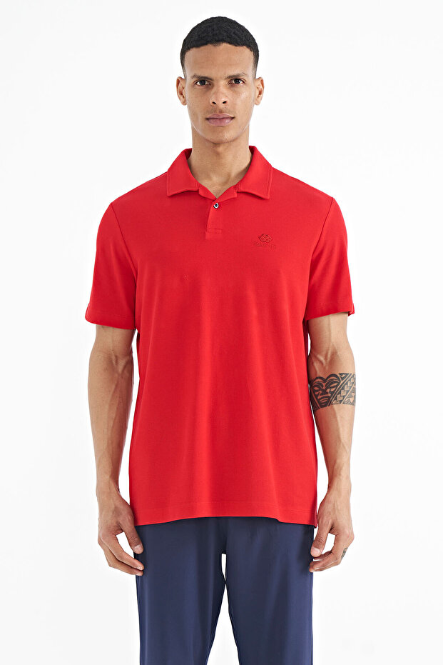 Red Polo Neck Logo Embroidered Standard Form Men's T-shirt - 88237