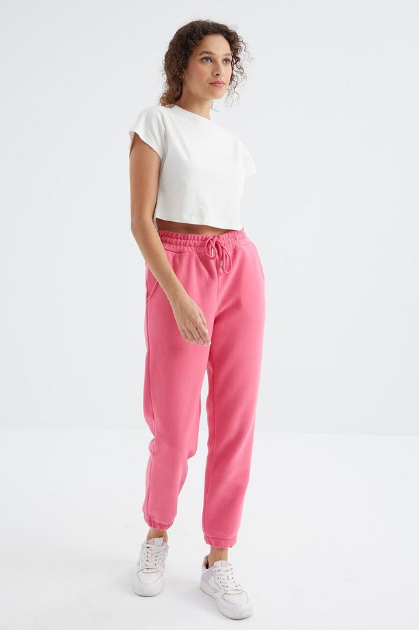 Şeker Pembe Yüksek Bel Basic Bağcıklı Jogger Polar Kadın Eşofman Alt - 94622 - 6