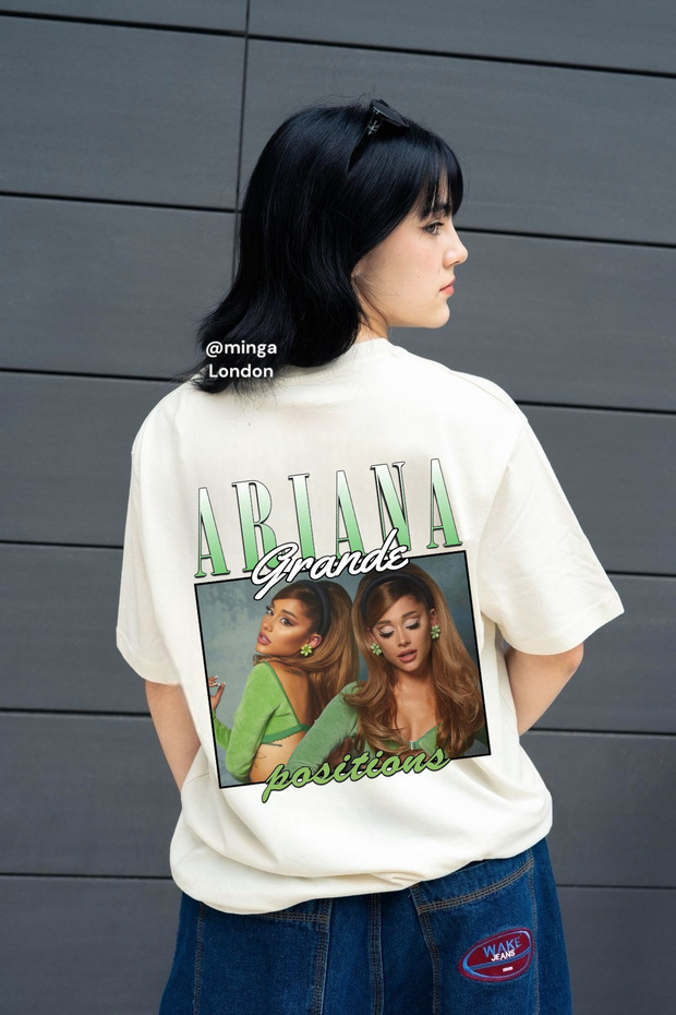 Ariana Grande "Positions" Album Front/Back Printed Oversize Beige T-Shirt -Mingalondon