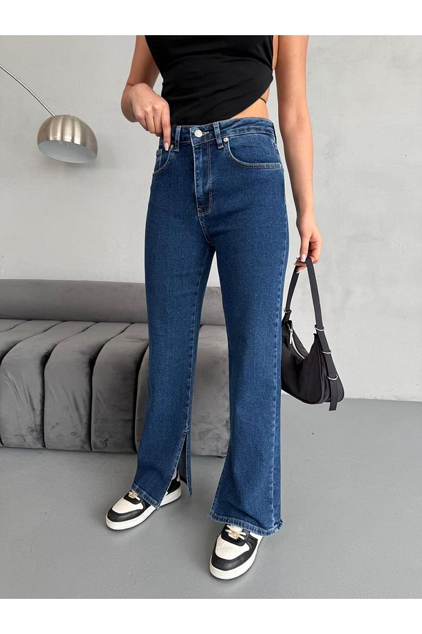 YIRTMAÇ DETAYLI BORU PAÇA DARK BLUE LYCRA JEAN - 5
