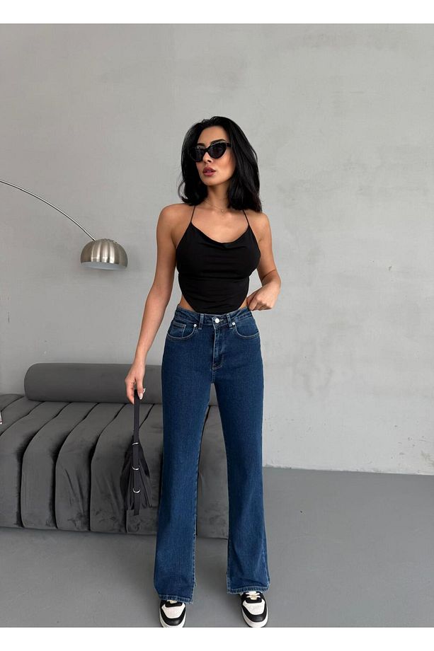 YIRTMAÇ DETAYLI BORU PAÇA DARK BLUE LYCRA JEAN - 3