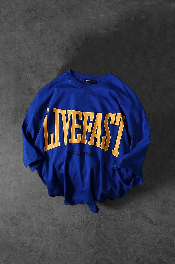 KOPYA - Erkek Mavi Livefast Baskılı Oversize Tshirt - 2