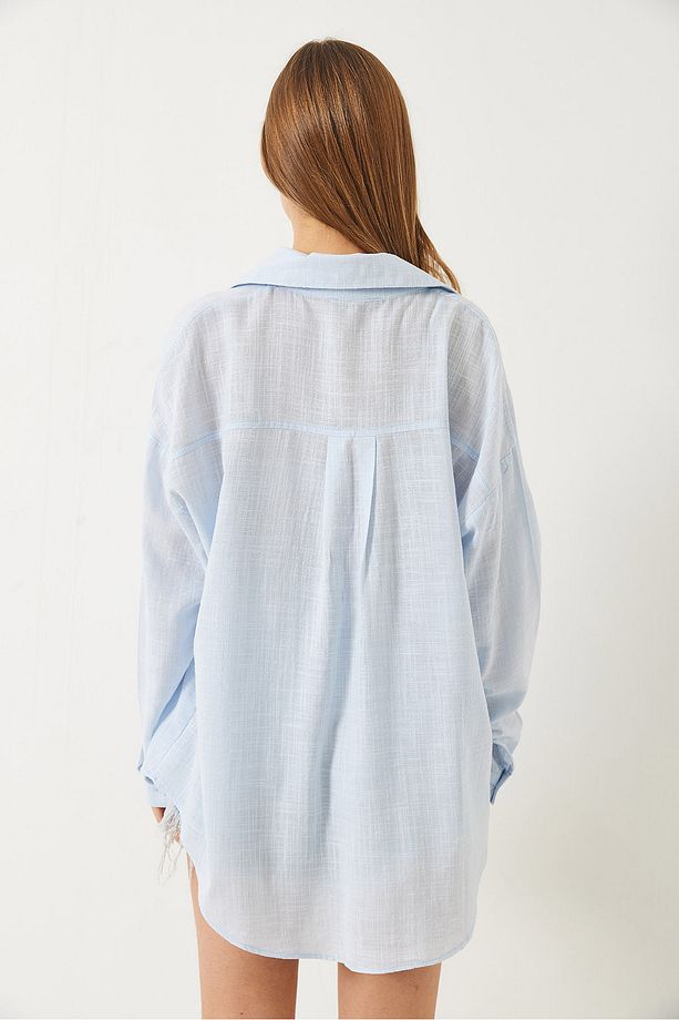Kadın Tek Cepli Pamuk Viskon Oversize Basic Gömlek 4756 60261396 - 5