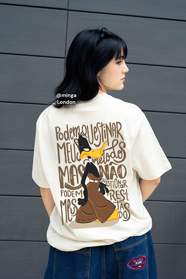 Duck Special Design New Season Front/Rear Printed Oversize Beige T-Shirt -Mingalondon