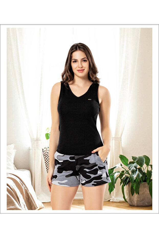 Women's Strappy Camouflage Patterned Shorts Pajama Set