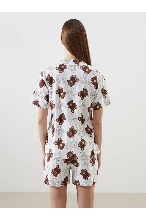 LCW Young Ekru Gömlek Yaka Baskılı Kadın Şortlu Pijama Takımı - 3
