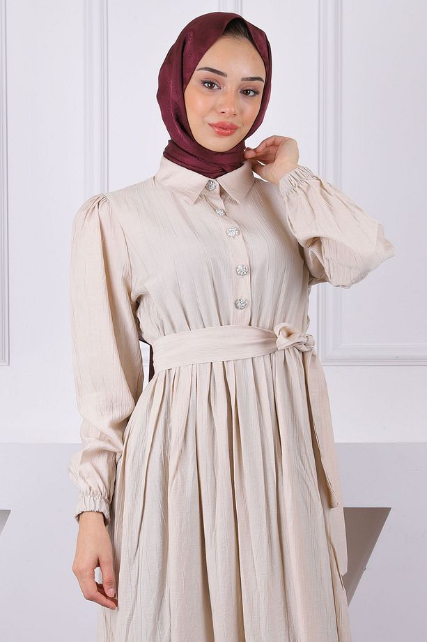 Bej Bel Lastikli Kuşaklı Modal Elbise - 4
