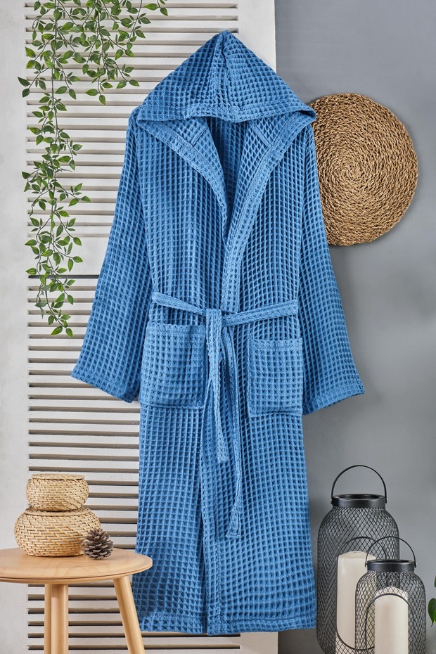 Unisex Honeycomb Patterned Pique Bathrobe - 100% Cotton, Soft and Natural Bathrobe